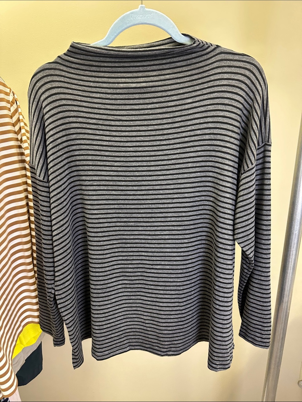 Eileen Fisher Black and Gray Striped Cowl Neck Sweater
